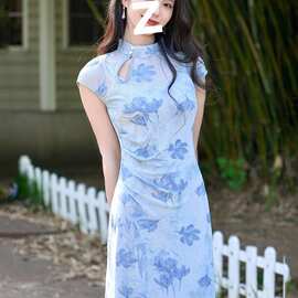 凌西茜水韵蓝笺新中式植绒旗袍女春夏罩衫吊带明媚漂亮连衣裙