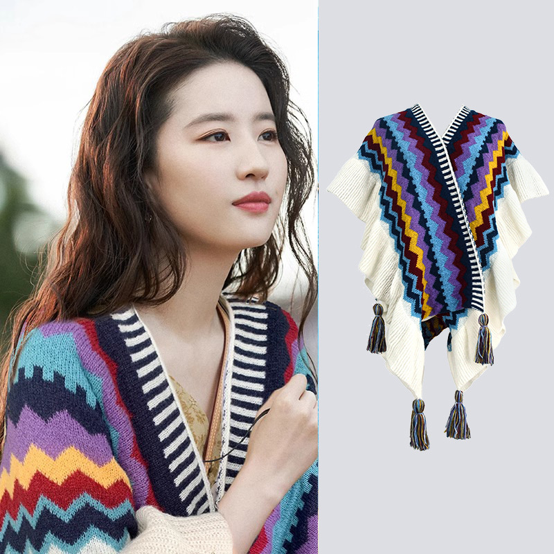 Viaje en el oeste de Sichuan vestido con una capa de chal de peluche de Yunnan Xinjiang de otoño y invierno estilo nacional de punto capa de rayas