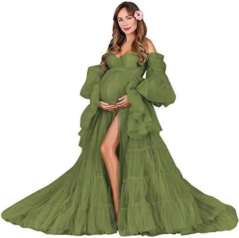 Nuevo cross-border caliente de tela de malla suave para fotos de mujeres embarazadas, vestido de mangas largas, falda de abdomen grande