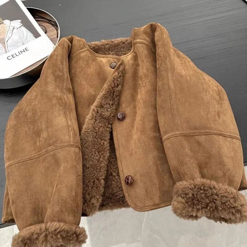 Sheepskin Integrated Thickened Lamb Wool Suede Brown Jacket Coat for Women, Autumn and Winter Petite Korean Style Top
