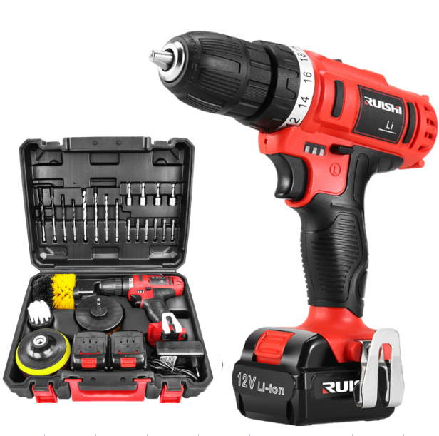 Suministro directo de fábrica Ruishi marca herramientas eléctricas hogar multi-funcional traje 12V taladro de mano recargable taladro eléctrico de litio