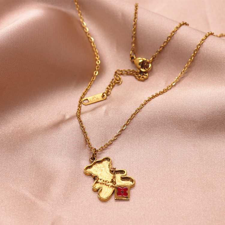 现货中古凹槽贴皮小熊钛钢项链 男女情侣小熊百搭毛衣卫衣链吊坠