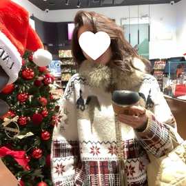 十三行冬季新款费尔岛复古提花毛衣女毛领针织毛衣外套圣诞风