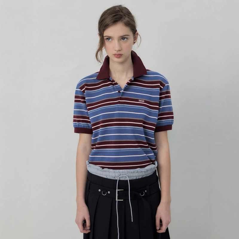 Spot Korean Niche Grove Contrast Stripesd Polo Short-Sleeved Small Lapel American Retro Color Matching Top Versatile