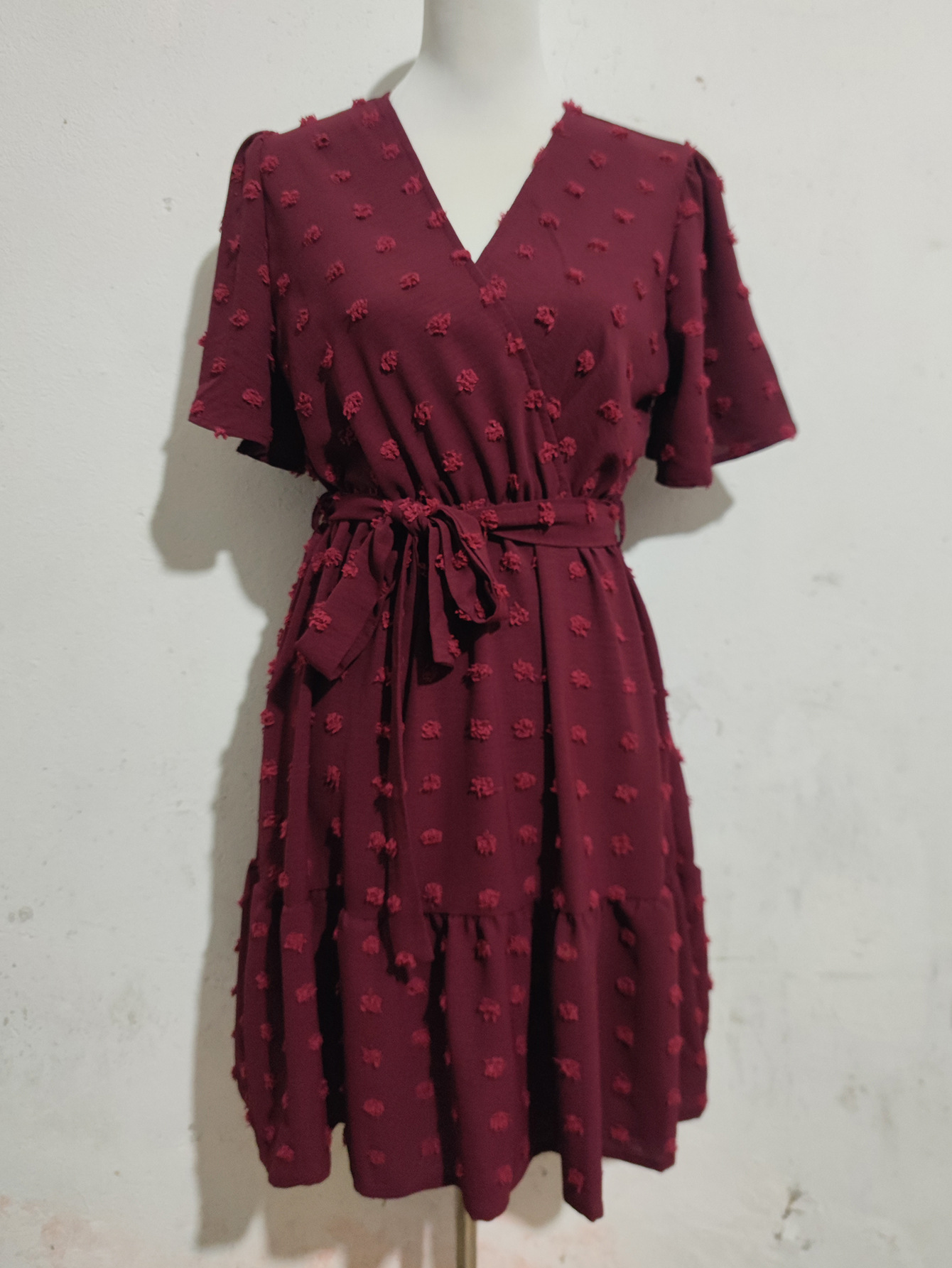 Summer Fur Ball Ruffled Short Sleeve V neck Lace up Waist Tight Dress