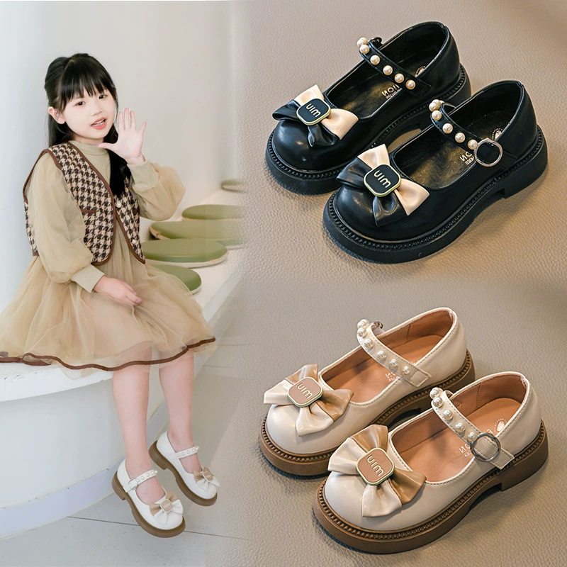 Детская обувь принцессы с бантом 2024 осенний новый средний мальчик жемчуг школьница маленькая кожаная обувь для девочек нескользящая одиночная обувь
