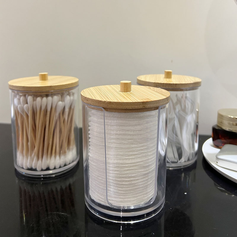 竹の蓋の綿棒の箱の透明な二重の化粧綿の箱のデスクトップの防塵は化粧を落とします。|undefined