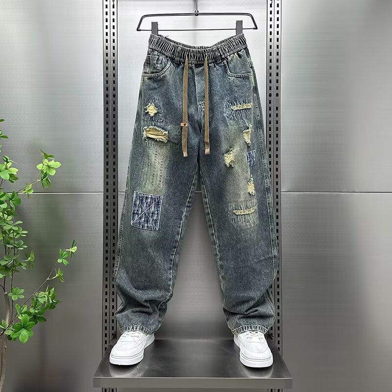 Trendy American-Style Ripped Jeans for Men, Autumn Fashion, Cool Retro Patchwork Loose Straight Pants