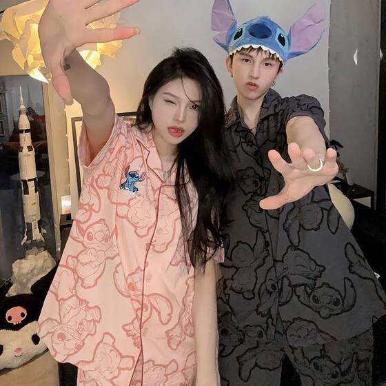 Korean Style Ins Stitch Cartoon Couple Pajamas Women's Summer Imitation Cotton Short-sleeved High-end Home Clothes Men's Two-piece Set