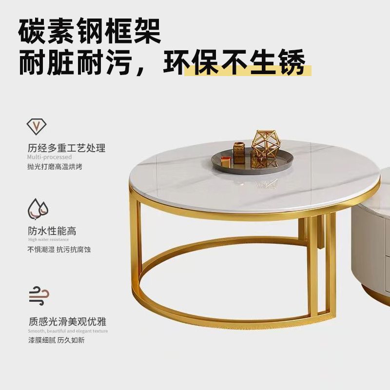 Mesa de centro personalizada, sala de estar para el hogar, lujo ligero, retráctil, placa de roca simple moderna, mesa de centro de doble capa redonda móvil