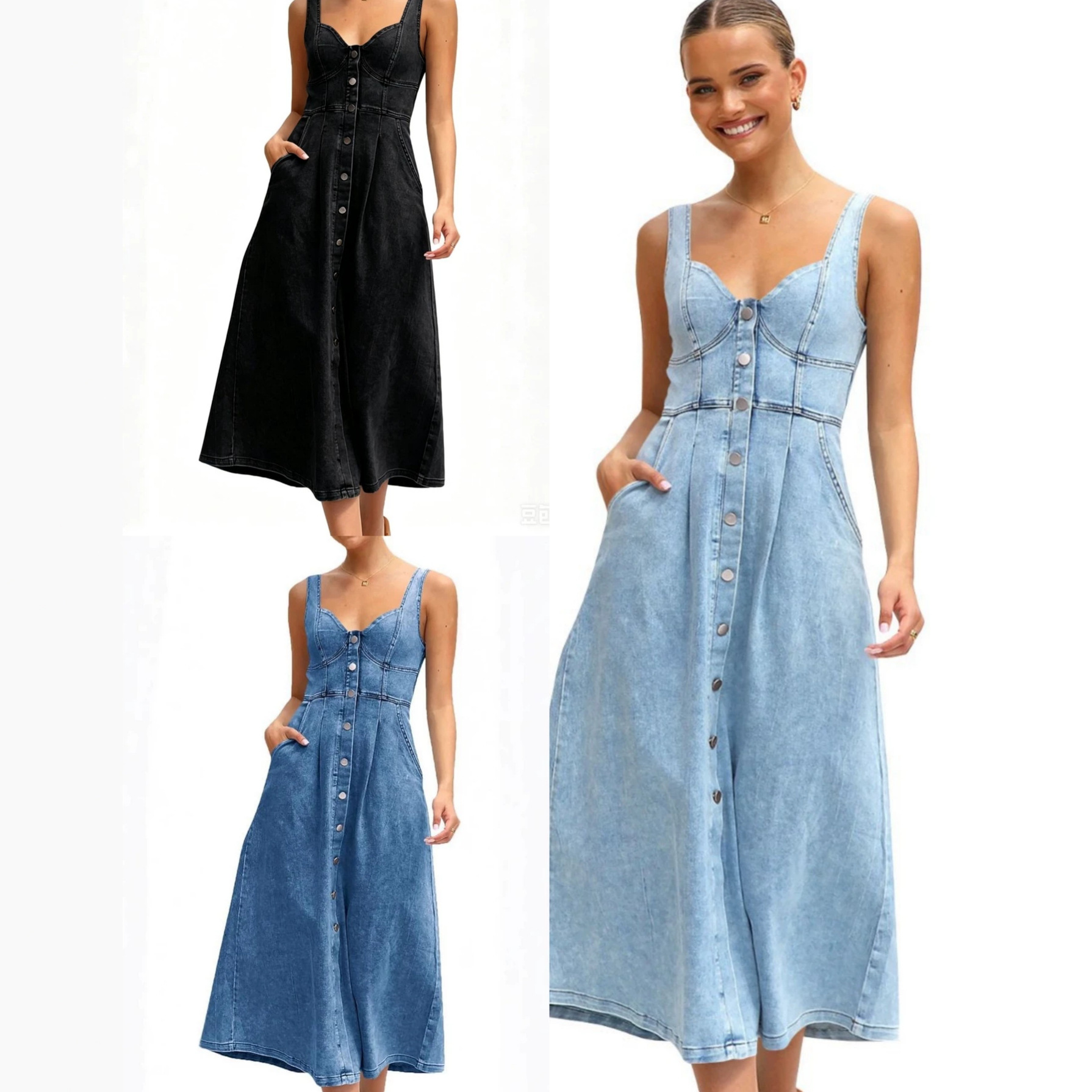 Qadın denim midi paltar, straplez, düyməli