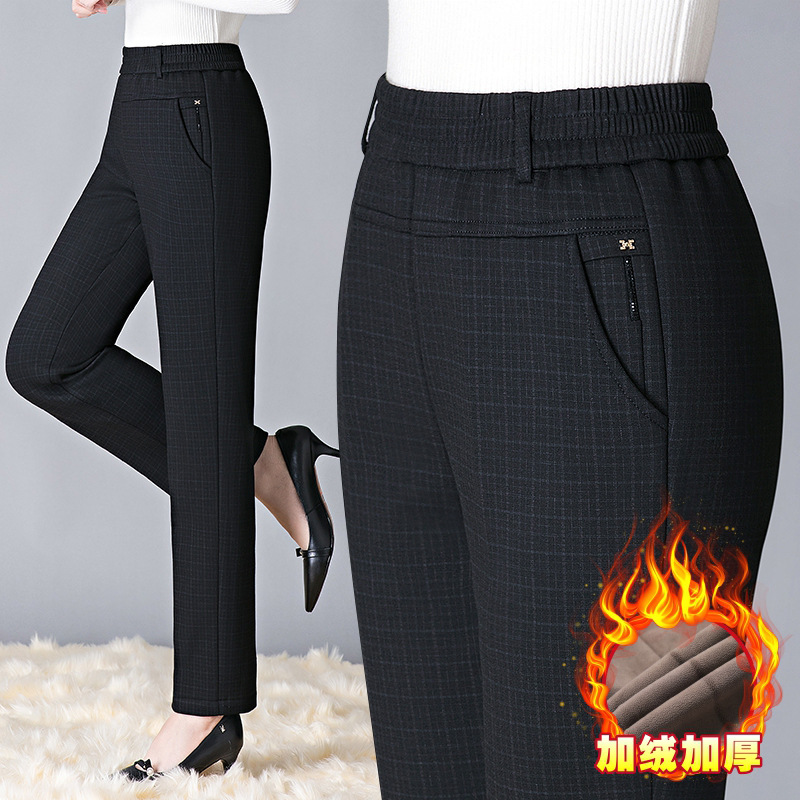 Fleece-lined thickened mother's trousers middle-aged and elderly women's pants elastic waist high waist casual high elastic straight pants winter