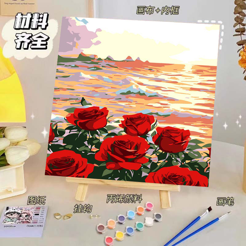 バラのデジタル油絵diy子供の塗り絵の高級感手作りの風景の花の対外貿易の露店の商品|undefined