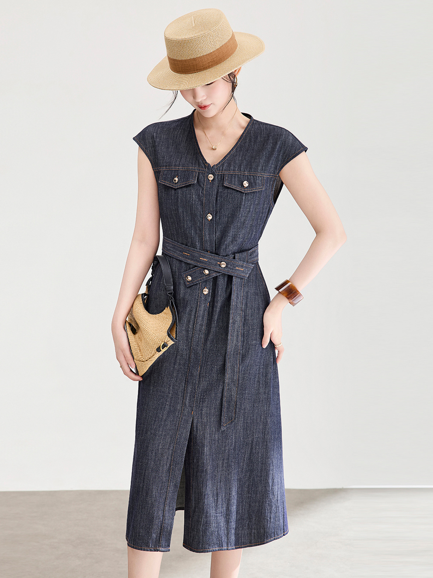 Váy denim nữ cổ ve sành điệu dáng suông midi — xanh đậm