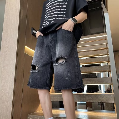 Men's Summer Thin Hole Denim Shorts, American Street Fashion Brand Loose Straight Leg Pants, Cool Casual 5-Finger Pants