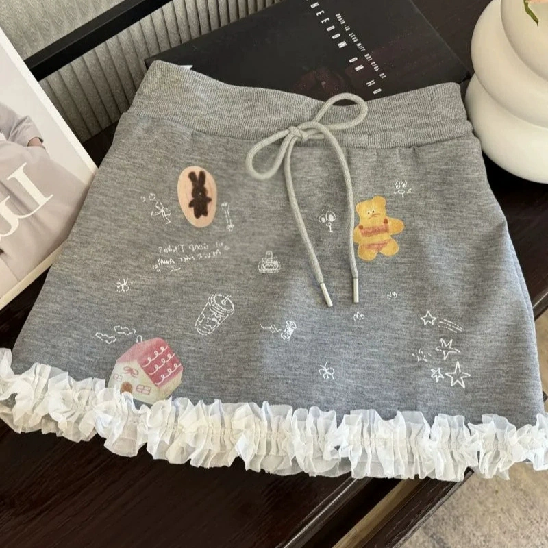 Корейская сладкая граффити кружевная сшитая юбка