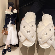 珍珠交叉毛毛拖鞋女秋冬新款休闲平底鱼嘴套脚室内外穿保暖毛拖鞋