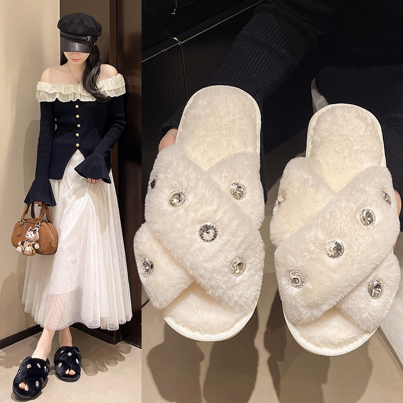 珍珠交叉毛毛拖鞋女秋冬新款休闲平底鱼嘴套脚室内外穿保暖毛拖鞋