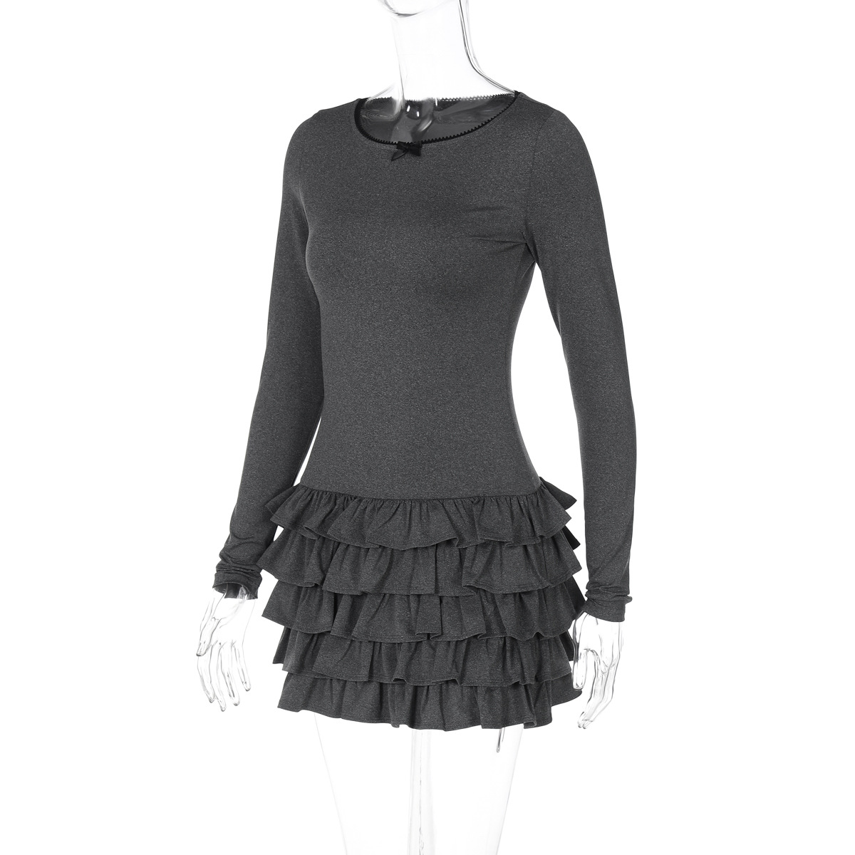 Winter Fashionable Pleated Stacking Lotus Leaf round Neck Slim Fit Sheath Dress Puffy dress