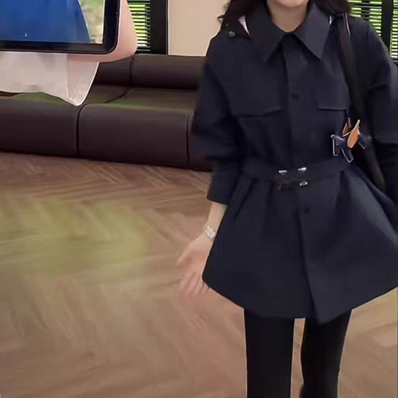 老钱篙质感连帽小马外套女款藏蓝色早秋独特超好看中长款风衣夹克|undefined