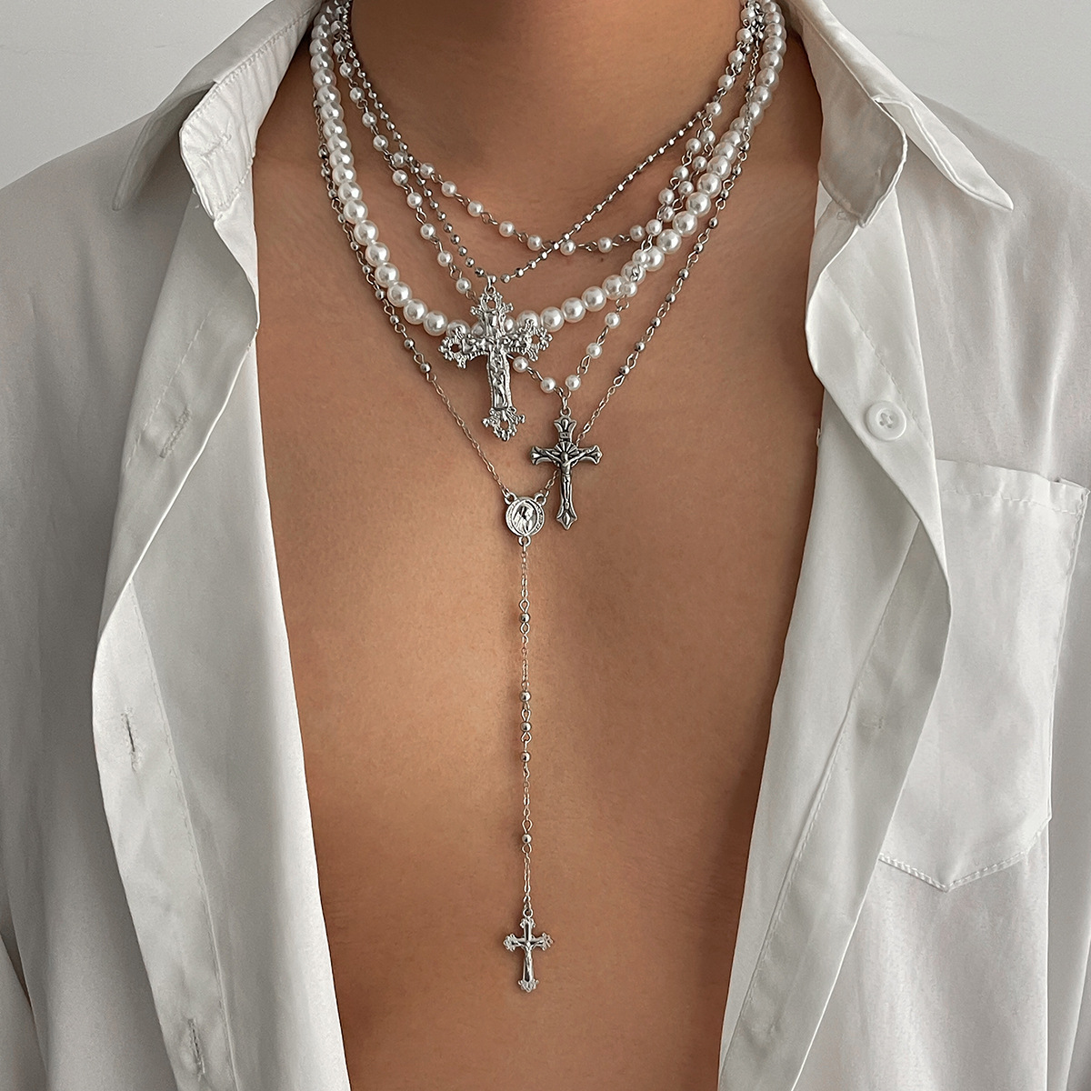 European and American Cross-Border Jewelry, Eco-Friendly Exaggerated Style Pearl Copper-Wrapped Iron Chain Necklace, Fashionable and High-End Men's Neck Accessory