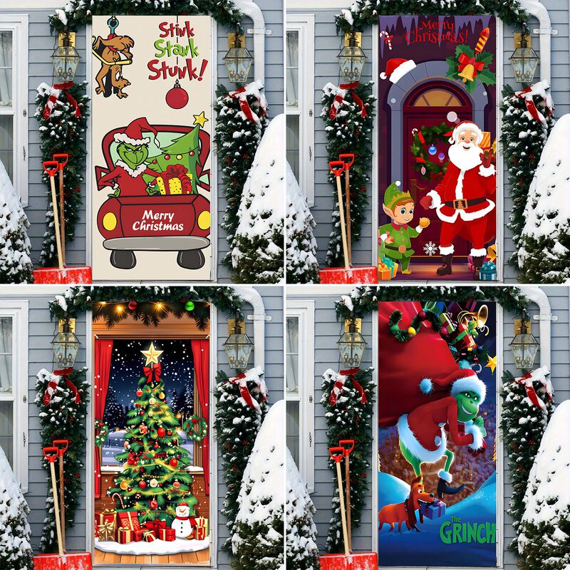 Christmas Cartoon Door Curtain Santa Claus Door Cover Polyester Waterproof Amazon Holiday Front Door Party Backdrop