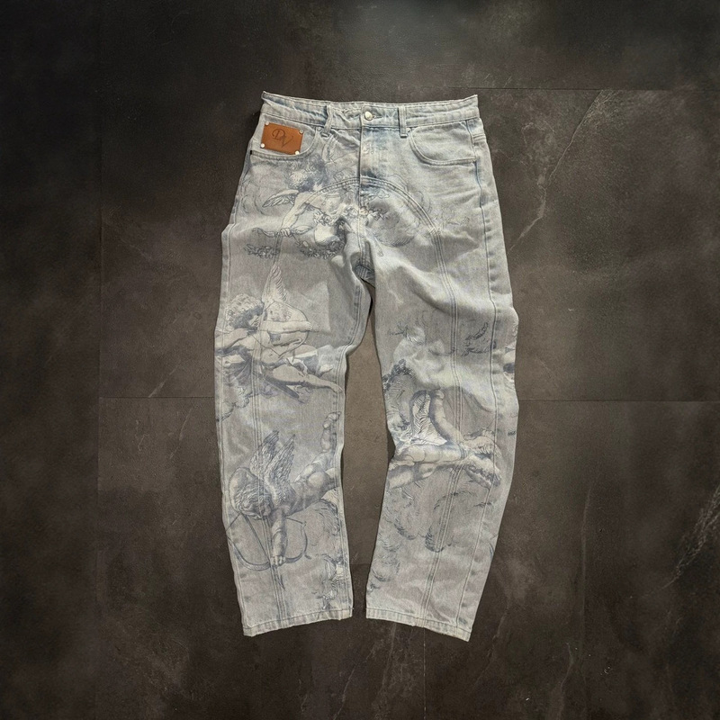 2026 New High Street Washed Vintage Jeans with Angel Print, Straight-Leg Pants, Unisex, Bulk Stock Available 2026 New High Street Washed Vintage Jeans with Angel Print, Straight-Leg Pants, Unisex, Bulk Stock Available