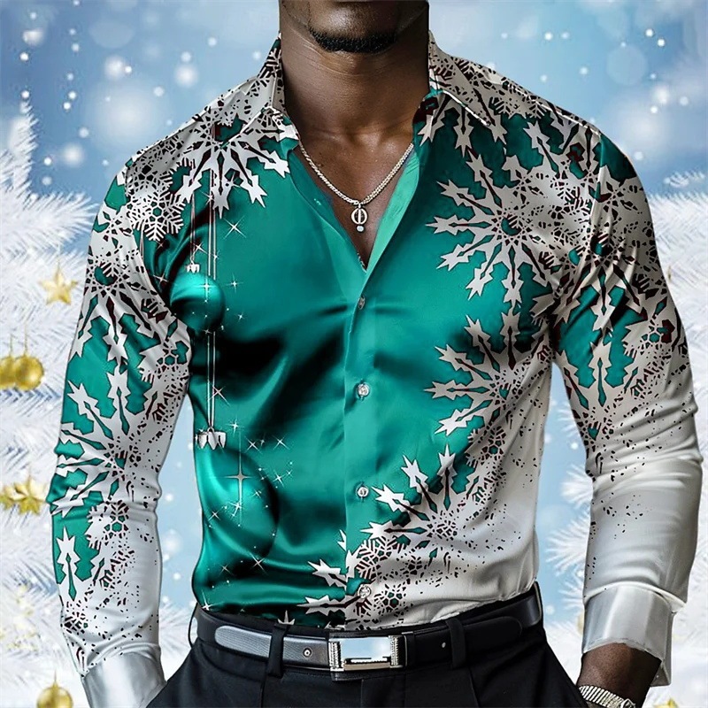 Stretch Bamboo Snowflake Pattern Shirt Men Merry Christmas 3D Printed Shirt Casual Loose Shirt Long