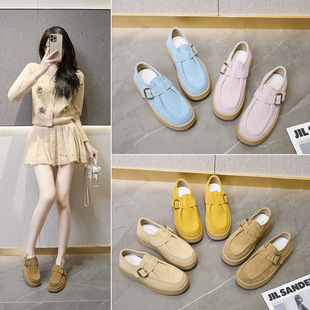 2025 Spring New Frosted Genuine Leather Thick Bottom Yellow Blue Kangaroo Shoes Women's Wedge Platform Bottom Belt Buckle Lazy Shoes