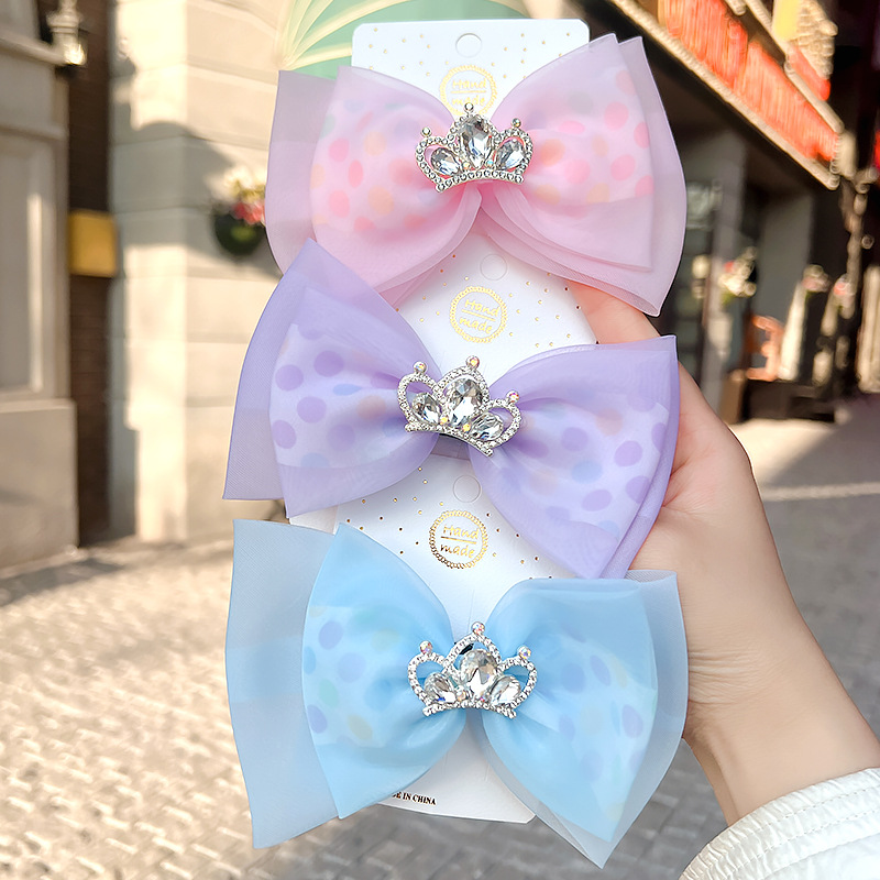 Korean Style Children's Headwear Bow Hairpin Princess Flash Diamond Gem Crown Hairpin Girl's Mesh Polka Dot Cloth Hair Accessories