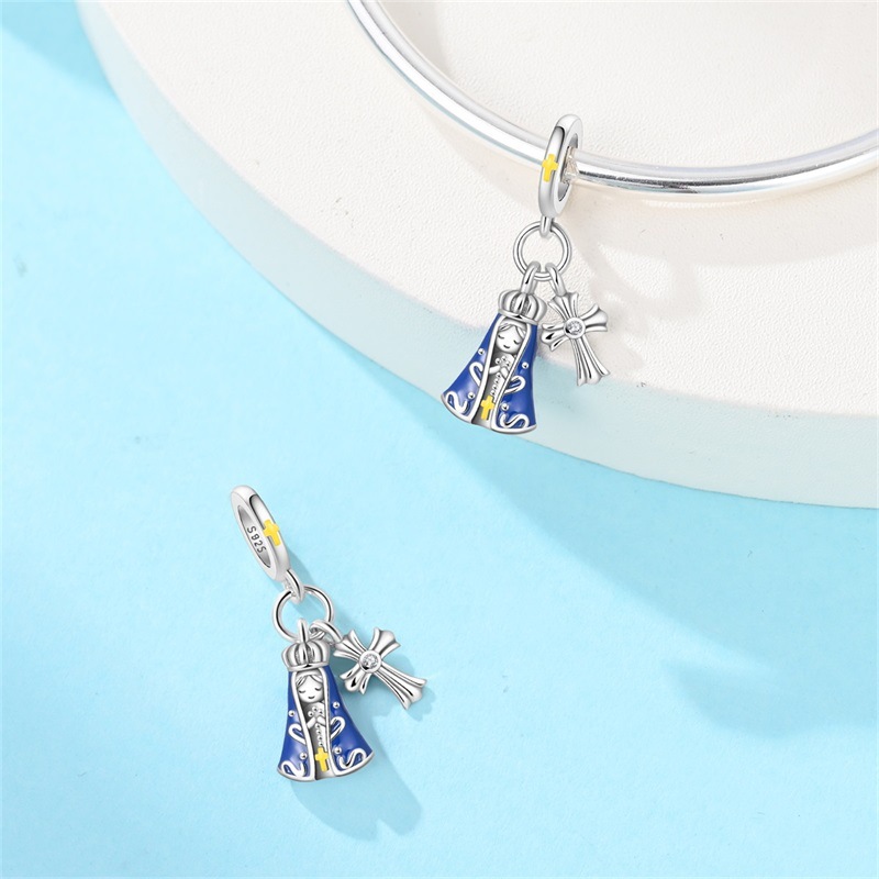 925 Sterling Silber Charm Unsere Liebe Frau der Liebe Kreuz Perle Charm DIY Schmuck Armband Zubehör_voghion.com