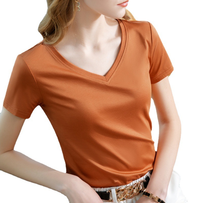 アイスフィールシルケットコットン半袖 Tシャツ女性のための 2025 新しい女性の気質 V ネック純綿 Tシャツ無地ハイエンドトップ|undefined
