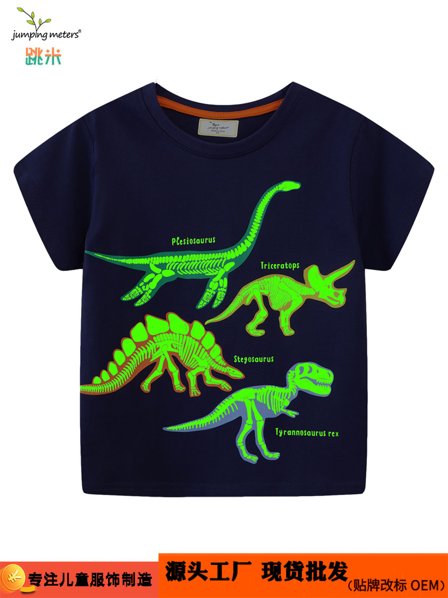 2025 New Summer Style Boys Cartoon Luminous Short-Sleeved Round Neck T-Shirt Dinosaur Shark Short-Sleeved t Ready for Distribution