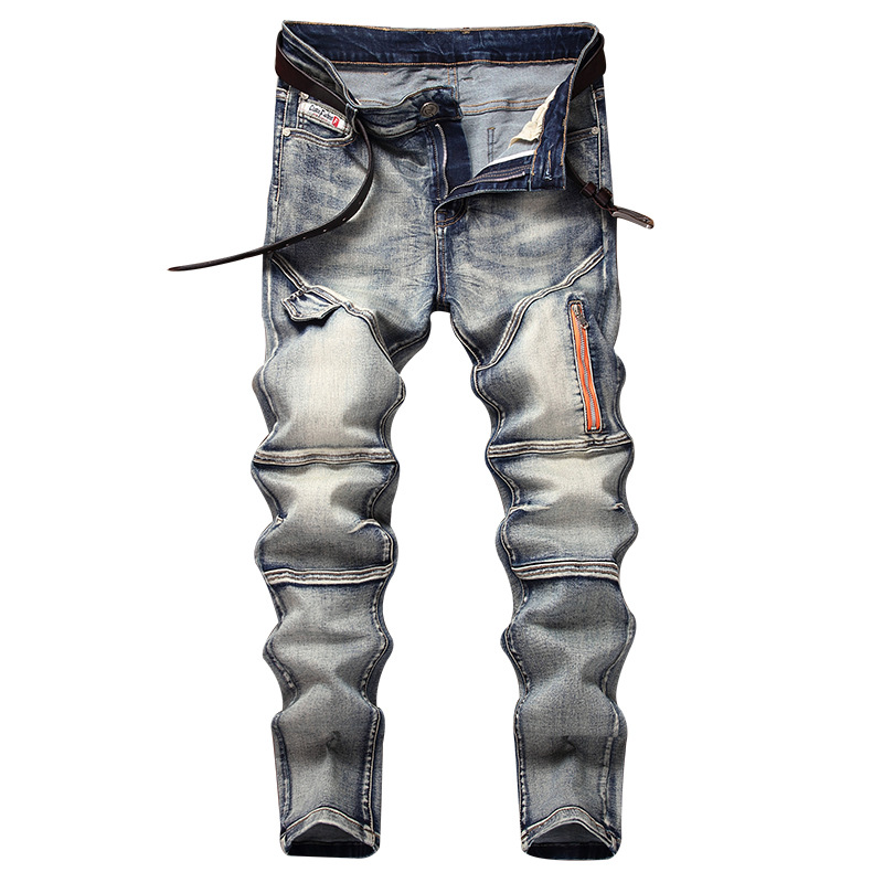 Style, personality, men's fashion, jeans, patchwork, nostalgic, elastic, small leg pants_voghion.com