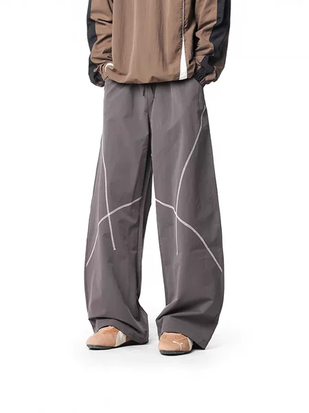 Hasselblad Line Sports Pants for Men and Women, Autumn and Winter Fleece-Lined Straight-Leg Color-Blocking Visible Stitching Loose Design Couple Wide-Leg Pants