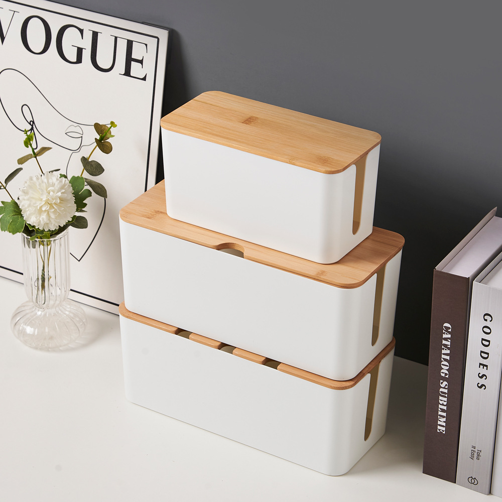 Cubierta de madera de bambú con agujero caja de almacenamiento de alambre tablero de parche de escritorio cable de alimentación cargador de cable de datos caja de gestión Hub