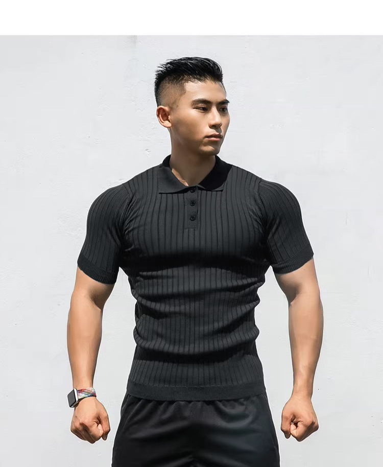 Pull d'été en maille à manches courtes pour homme mûr, coupe ajustée, style business, bouton de revers, mode américaine_voghion.com