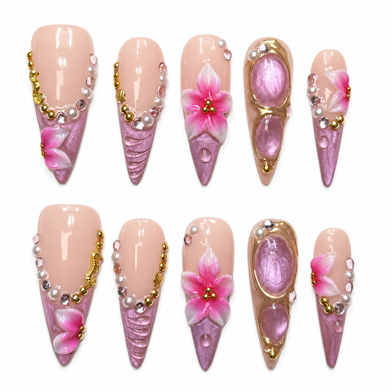 Handmade press-on nails in nude pink and taro purple, long pointed shape with 3D flowers, pearls, and rhinestones, 10-piece set, custom wholesale and dropshipping available Handmade press-on nails in nude pink and taro purple, long pointed shape with 3D flowers, pearls, and rhinestones, 10-piece set, custom wholesale and dropshipping available