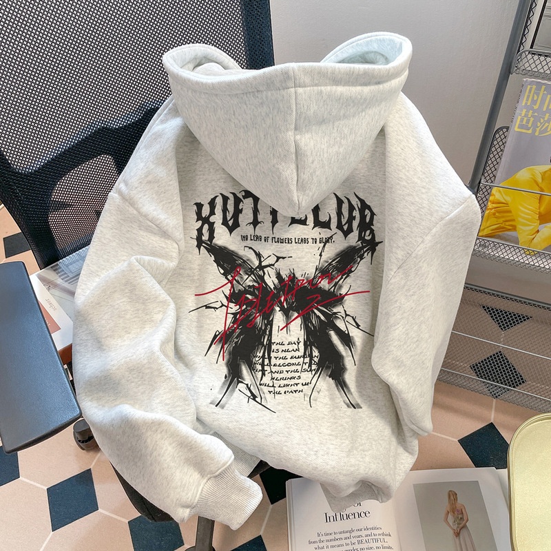 Couple's Outfit, Beautiful Butterfly Letter Hooded Sweatshirt for Women, Spring & Fall American Style Lazy Chic Casual Versatile Jacket