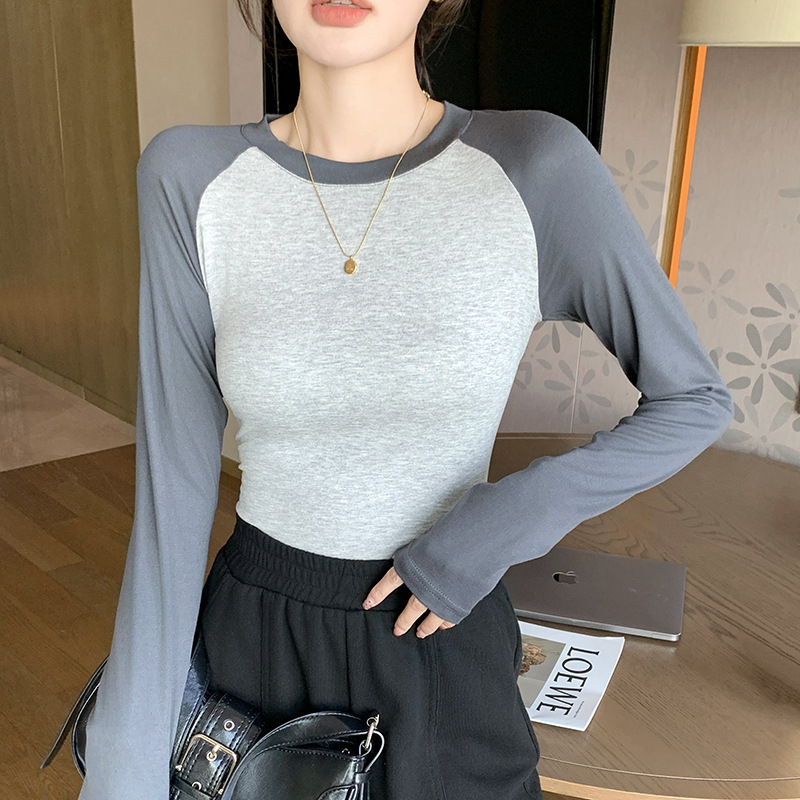 QY806 女性のラグラン Tシャツ女性の長袖黒スプライシングスリムトップ夏のホットガール Tシャツラウンドネックカジュアルウェア|undefined