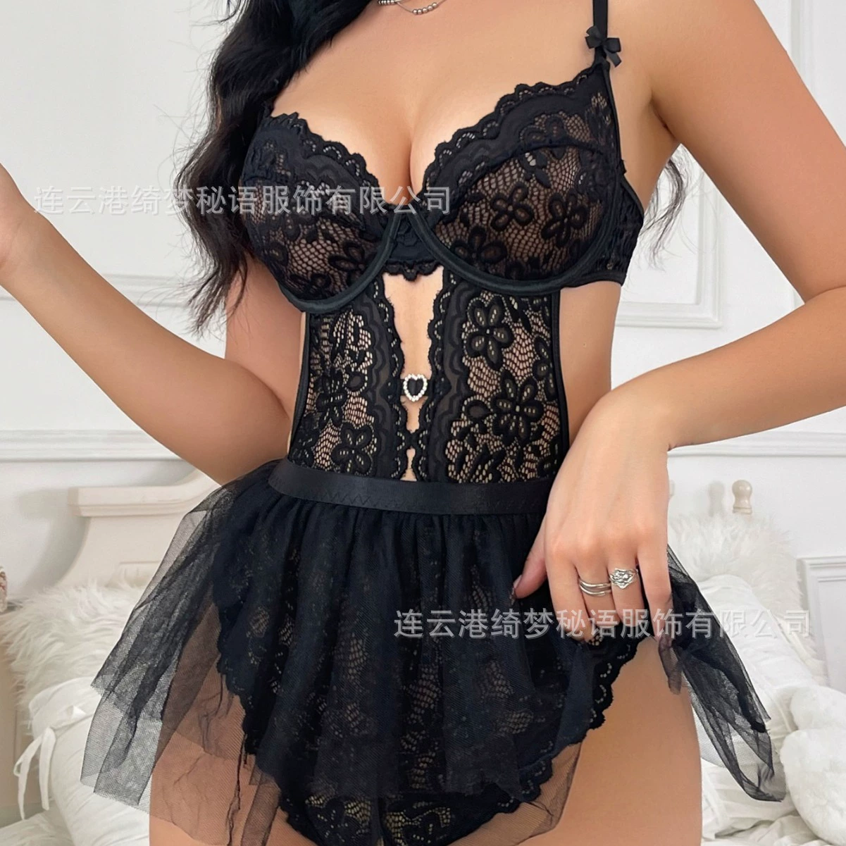 Cross-border Innocent-VixenBodysuit sexy lace suspender skirt mesh love hollow fun home