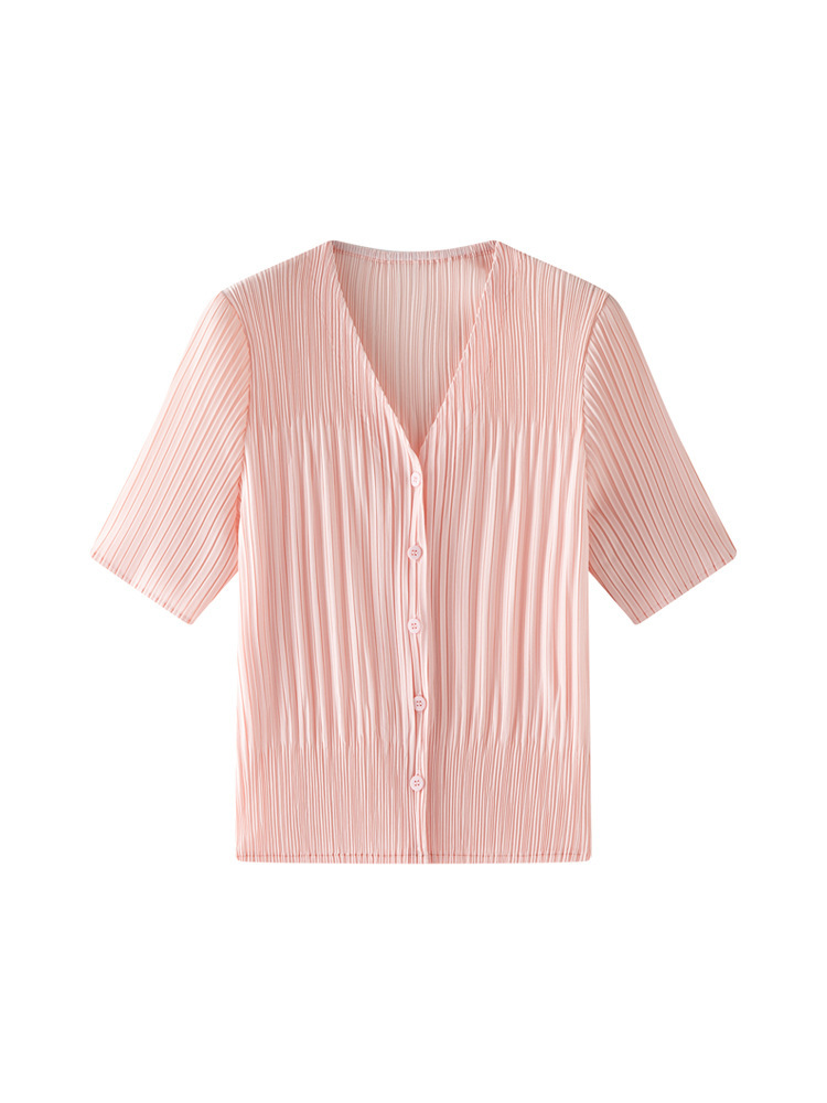 Áo khoác cardigan nữ cổ V tay ngắn xếp ly dáng rộng chống nhăn đi làm — màu be