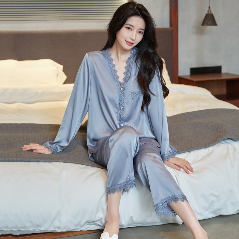 Spring and Autumn New Style Ice Silk Pajamas for Women, Summer Sexy Lace Long-Sleeve Cardigan Internet Celebrity Set, Tiktok Live Home Wear