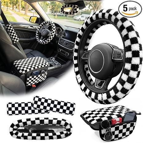 Cross-border plush steering wheel cover, seat belt cover, armrest box pad, car interior accessory set, winter warm and cute