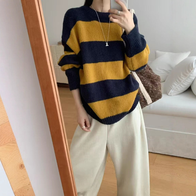蓝色条纹毛衣女秋冬加厚内搭套头高级感软糯浣熊绒针织打底衫上衣|undefined
