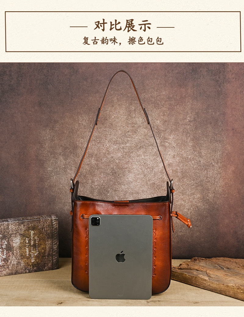 Túi tote da bò cổ điển phong cách vintage, đáy rộng, dung tích lớn, quai đeo vai — Màu xanh lá cây chi tiết 10