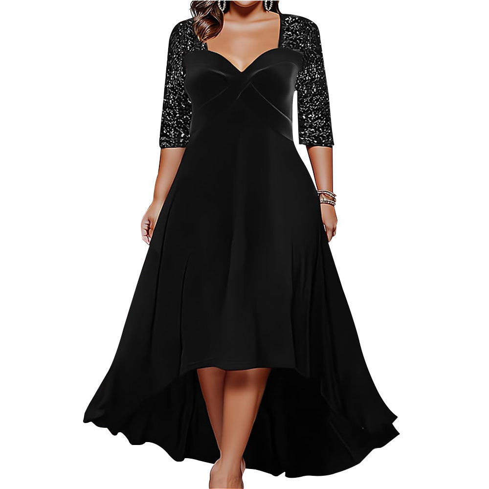 Cross-Border New European And American Style Solid Color V-Neck Sleeve Sequin Flared 2023 Autumn Winter Plus Size_ecoleips.com