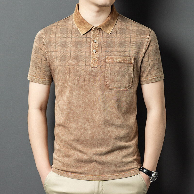 Youth and Middle-Aged Short-Sleeved Polo Shirt 2025 Summer Men's Washed Cotton Real Flap Pocket Pants Lapel Casual Retro Short-Sleeved T-Shirt
