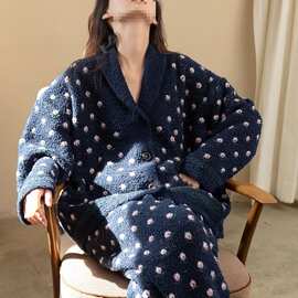 藏青淡粉碎花加厚针织半边绒睡衣套装女冬季保暖领家居服两件套
