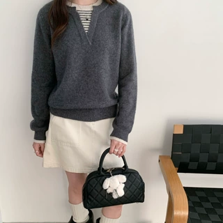 撞色假两件羊毛圆领针织衫女秋冬新款慵懒高级感灰色毛衣内搭上衣